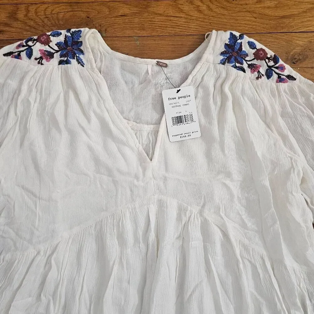 Free People Te amo White Embroidered Boho Tunic Mini Dress Top Bell Sleeves S - Picture 5 of 10